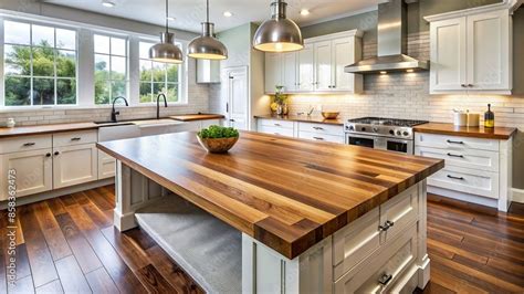 Butcher Block Countertop On Kitchen Island In Modern Craftsman Home