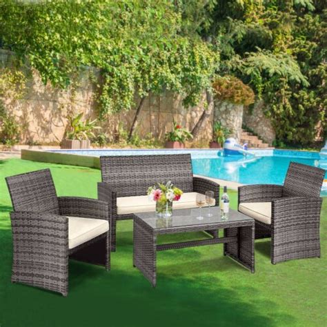 Gymax 4pcs Patio Outdoor Rattan Furniture Set W Cushioned Chair