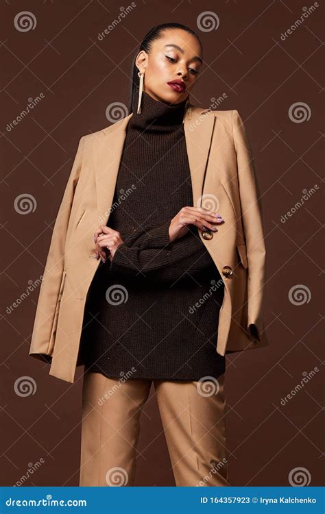 Beautiful Woman Fashion Glamour Model Brunette Hair Makeup Wear Suit Trousers Jacket Clothes