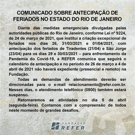 Comunicado Sobre AntecipaÇÃo De Feriados No Estado Do Rio De Janeiro