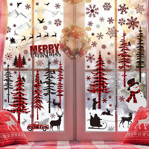 Amazon Anydesign Sheet Christmas Window Clings Plaid Xmas Tree