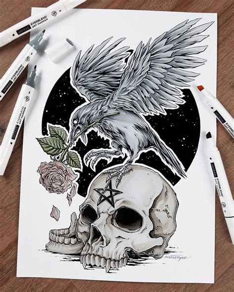 a drawing of a bird sitting on top of a skull