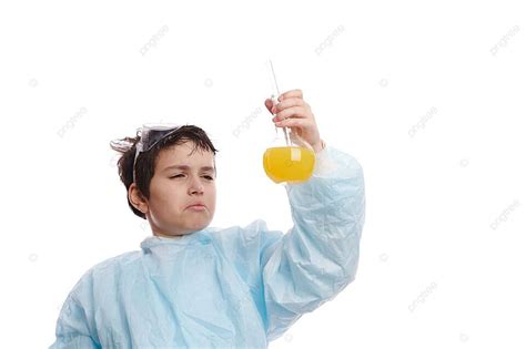 Caucasian Nerd Schoolboy Chemist Observes Liquid Reaction In Lab Photo ...