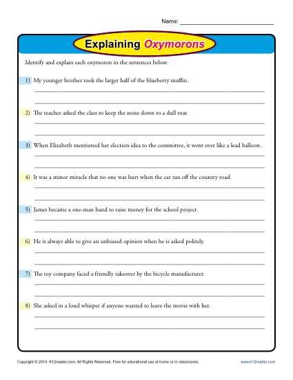 Explaining Oxymorons Oxymoron Worksheets