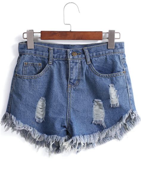 Blue Fringe Ripped Denim Shorts Sheinsheinside