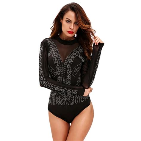 Cfanny 2017 Women Sexy Bodysuit Top High Neck Long Sleeves Sheer Mesh