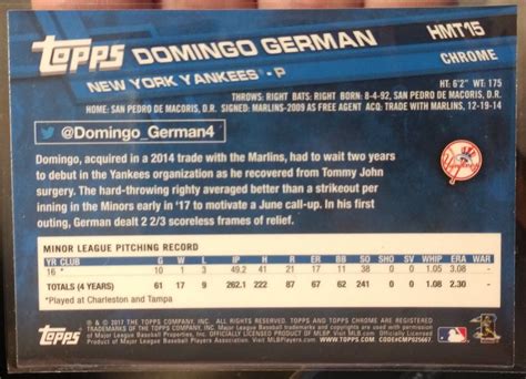 2017 Topps Chrome Update Domingo German RC HMT15 Yankees Rookie Perfect