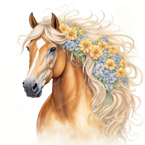 Palomino Horse With Flowers Watercolor Clipart, Palomino Horse Clipart