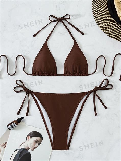 Shein Swim Basics Summer Beach Halter Triangle Bra Tie Side Swim Bottom Bikini Bathing Suit