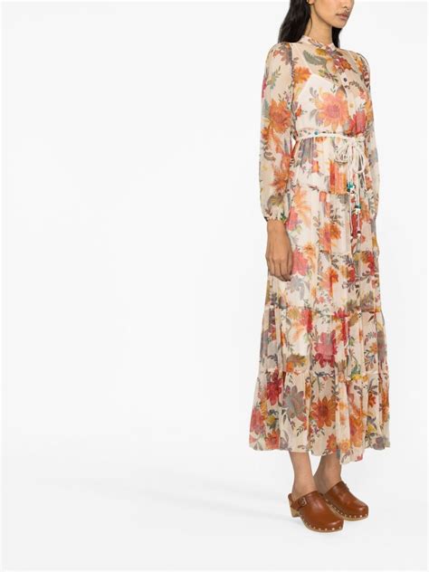 ZIMMERMANN Ginger Floral Print Silk Midi Dress Neutrals FARFETCH