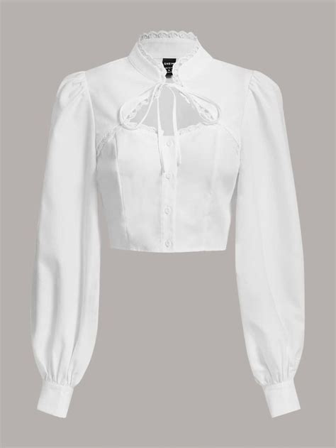 Shein Privé Camisa Guarnição De Renda De Guipura Amarração Frontal Manga Da Lanterna White