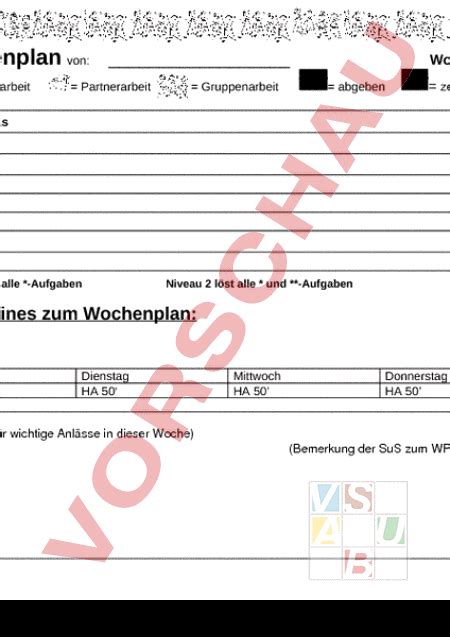 Arbeitsblatt Wochenplan Dokument Administration Methodik Lehr