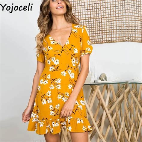 Yojoceli Sexy Floral Imprimir V Neck Vestido Plissado Mulheres Verão