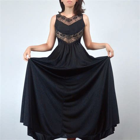 Vintage Black Nightgown S Full Sweep Lace Lingerie Nightie Slip Dress Etsy