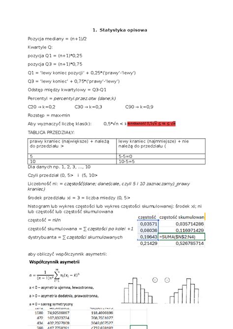 Wzory Statystyka Opisowa Pozycja Mediany N Kwartyle Q Pozycja