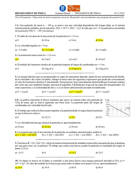 solucions test 2023 DEPARTAMENT DE FÍSICA Examen Parcial FONAMENTS