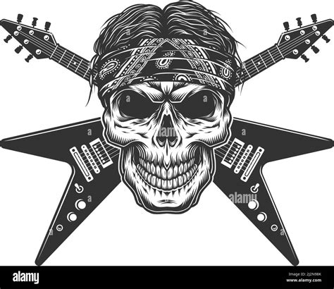 Vintage Monochrome Rock Musician Skull With Crossed Electric Guitars Isolated Vector