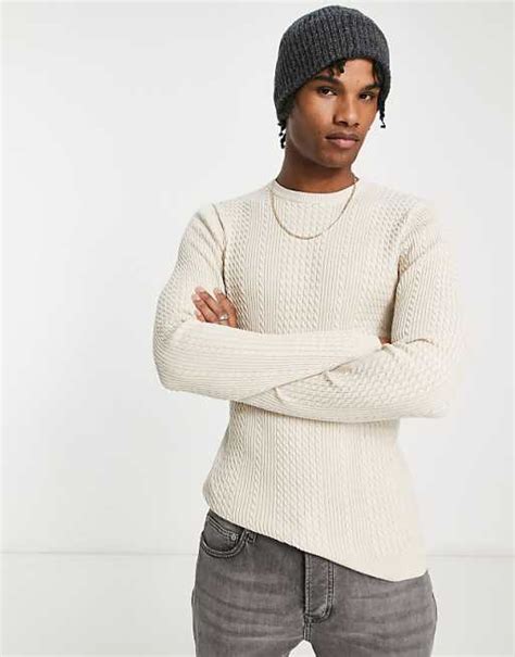 Asos Design Lightweight Cable Knit Jumper In Oatmeal Marl Asos