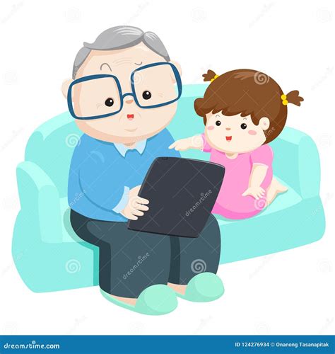 Tableta Feliz Del Juego De La Nieta Con El Vector De Abuelo Ilustraci N