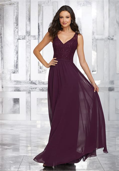 Chiffon Bridesmaids Dress With Beaded Lace Bodice And Keyhole Back