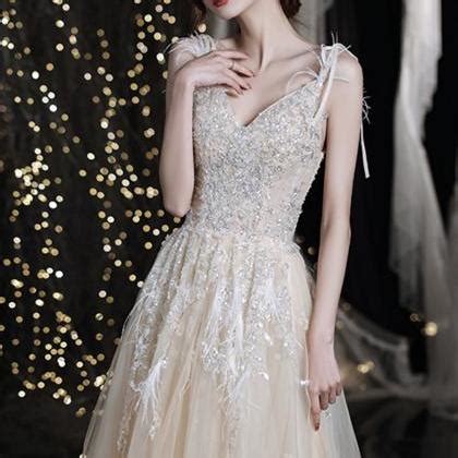 Champagne V Neck Tulle Beads Long Prom Dress Evening Dress On Luulla