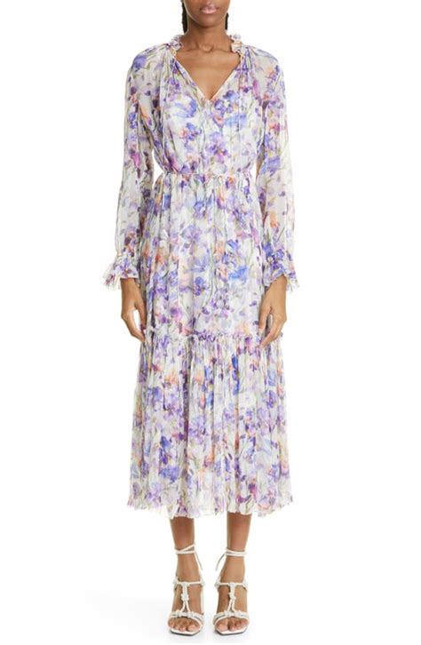 Zimmermann Tama Floral Semisheer Tiered Long Sleeve Silk Midi Dress In