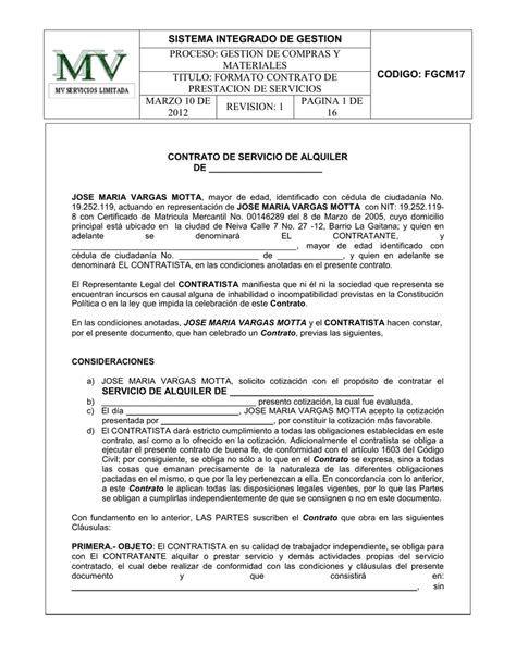 Modelo Para Elaborar Contrato De Prestación De Servicios