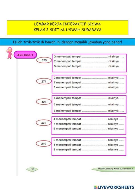 Nilai Tempat Bilangan 1 Worksheet Live Worksheets