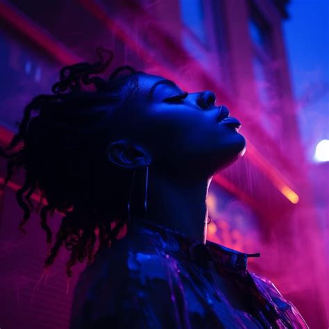 Premium Ai Image A Woman With Dreadlocks Standing In Front Of Neon Lights