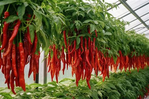 Red Chili Peppers Growing In Greenhouse Background Agriculture