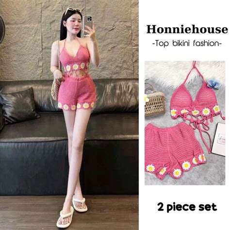Giao hàng nhanh Hà Nội Set đồ bơi bikini len móc món gồm áo bra sắc màu quần sóc cạp chun