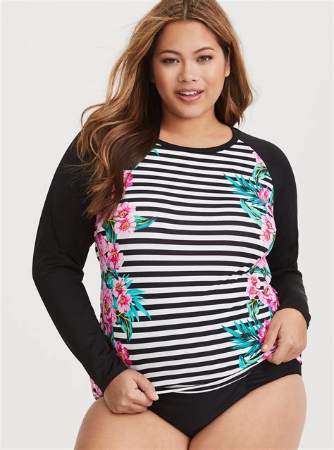 Black And White Floral Rash Guard Plus Size Swimwear Floral Rash Guard