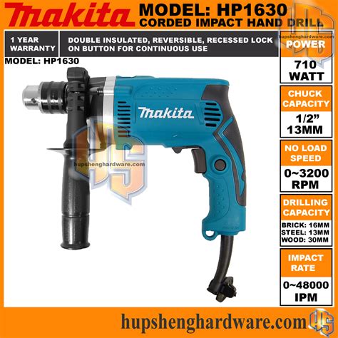 Makita HP1630: Impact Drill, Drill Chuck 1/2", 710W, 3200rpm, 48000ipm
