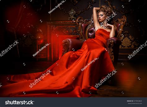 Magnificent Young Woman Luxurious Red Dress Stock Photo 577853824