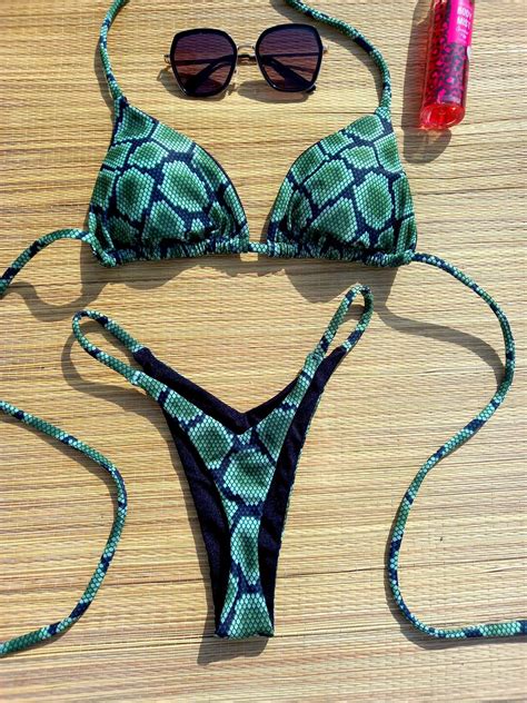 Green Snake Print Bikini Removable Padding Triangle Top High Cut Seamless Thong Bottom