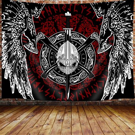 Viking Norse Tapestry, Cool Odins Ravens Axe Tapestry Wall Hanging for ...