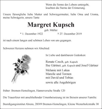 Traueranzeigen Von Margret Kupsch Trauer Gedenken