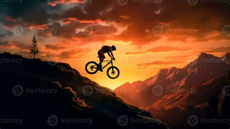 Silhouette of a mountain biker on a sunset background. 26793826 Stock ...