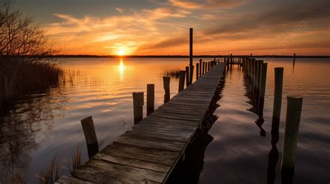 Holzsteg Mit Lichtern Und Sonnenuntergang Im Wasser Bilder Von Der