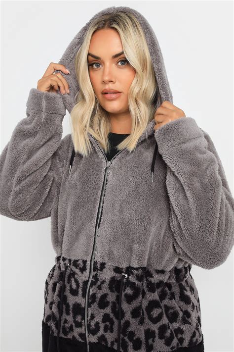 Yours Plus Size Grey Leopard Print Colour Block Fleece Jacket Yours