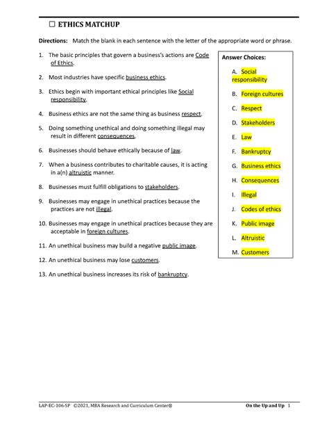 Isabella Combs 3 02 Ethics Match Up Ethics Matchup Directions Match The Blank In Each