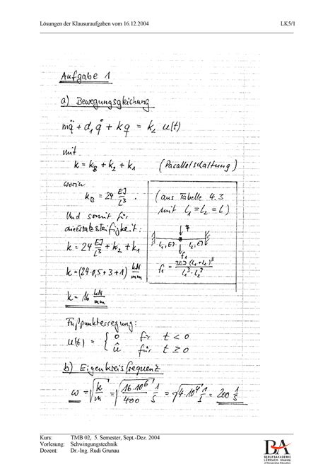 Maschinendynamik TMB Klausur 2004 Lösung Studocu