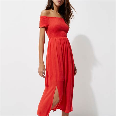 River Island Synthetic Red Shirred Bardot Maxi Dress Lyst