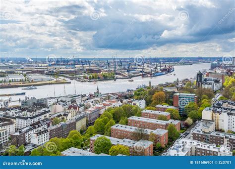 Aerial View Of Downtown Of Hamburg With Harbor And Modern Buildings Of