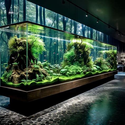 An Aquarium Filled With Lots Of Green Plants And Algaes In A Dark