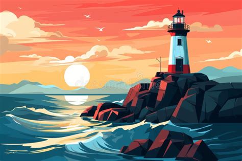 Lighthouse On A Rocky Shore In The Waves Of The Ocean Stock Image