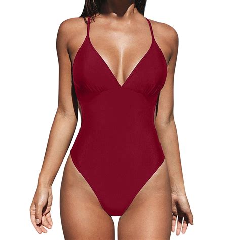 Ladies Sexy Monokini Crisscross Back Ruched V Neck High Cut Thin Straps