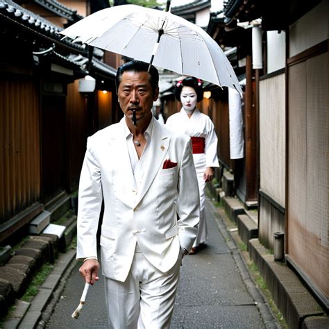 A yakuza in a white suit is walking down an alley in kyoto. ... by ...