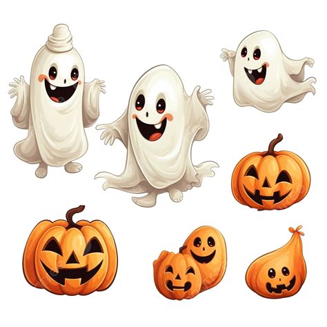 Set Of Halloween Ghosts Halloween Scary Spirits With Pumpkins In