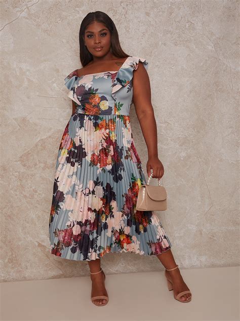 Plus Size Floral Print Ruffle Pleated Midi Dress In Green Chi Chi London